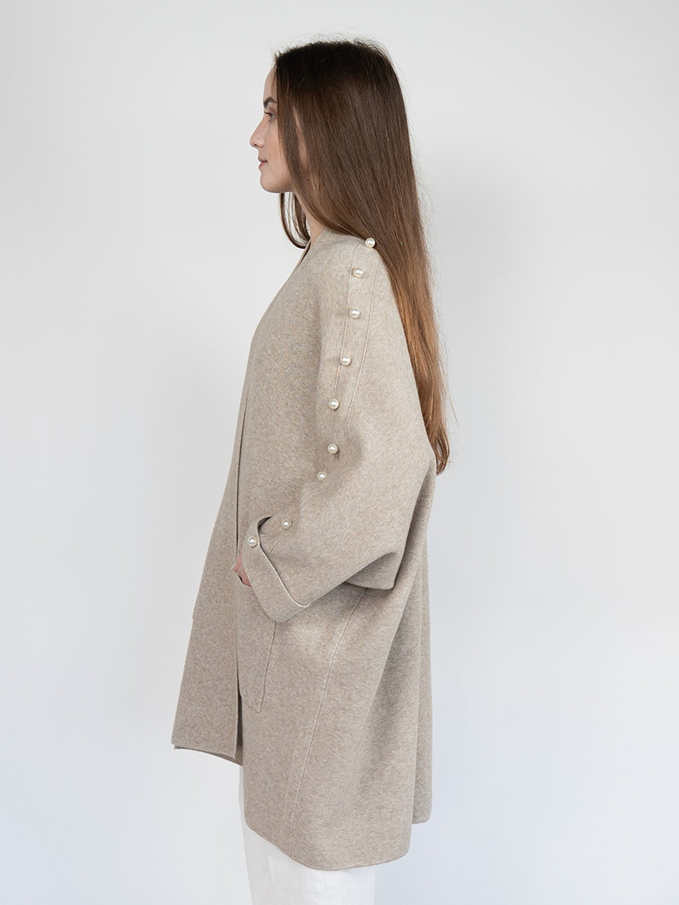 Poncho Cardigan in Fawn with Beads on the Sleeves