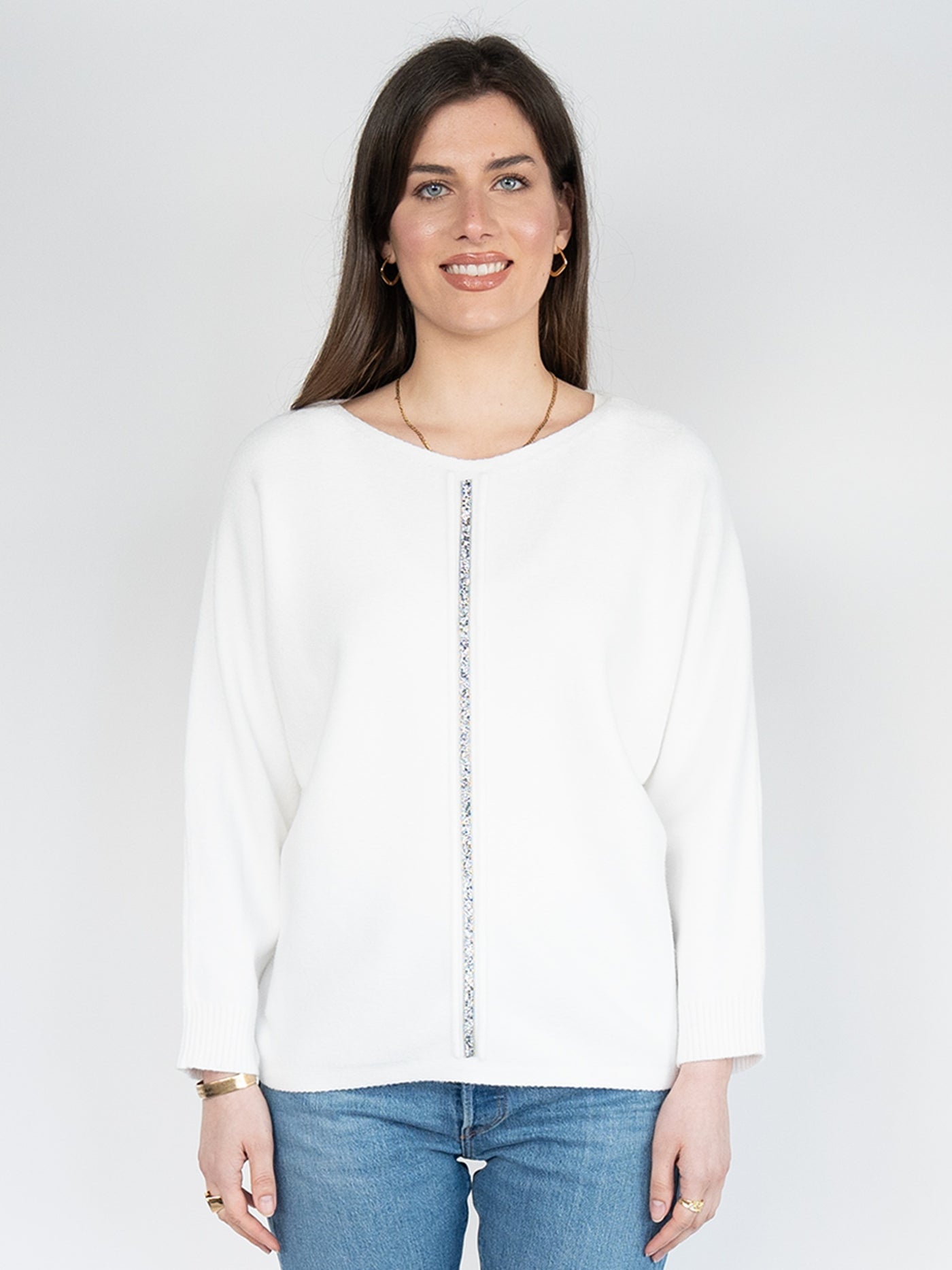 Women  Sweater  in White , Crew Neck