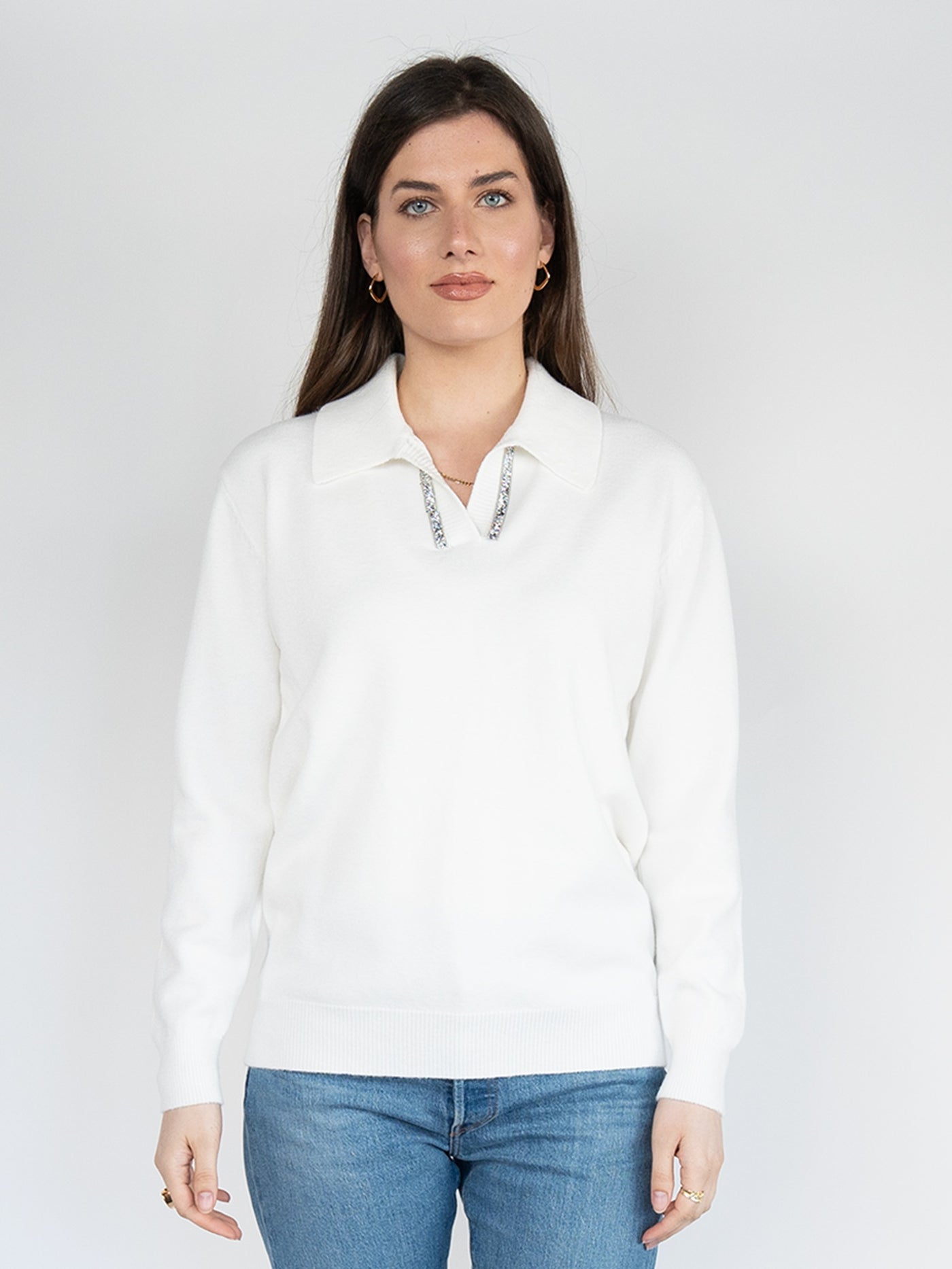 Women  Sweater  in White , Casual long Sleeve Polo V Neck