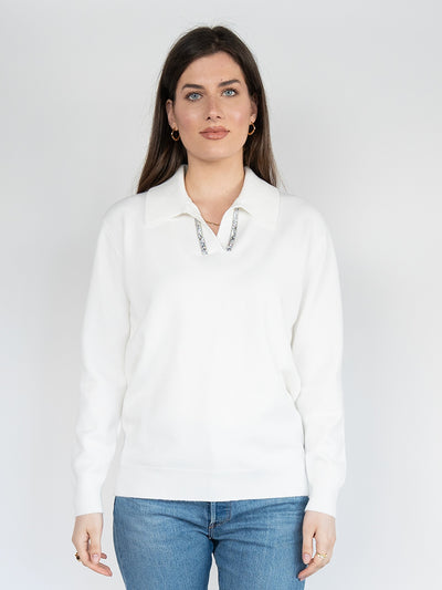 Women  Sweater  in White , Casual long Sleeve Polo V Neck