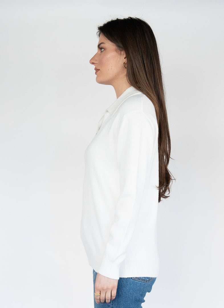 Women  Sweater  in White , Casual long Sleeve Polo V Neck
