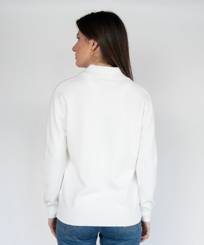 Women  Sweater  in White , Casual long Sleeve Polo V Neck