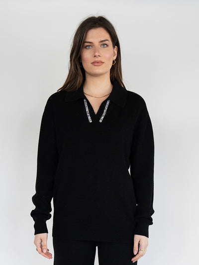 Women  Sweater  in Black , Casual long Sleeve Polo V Neck