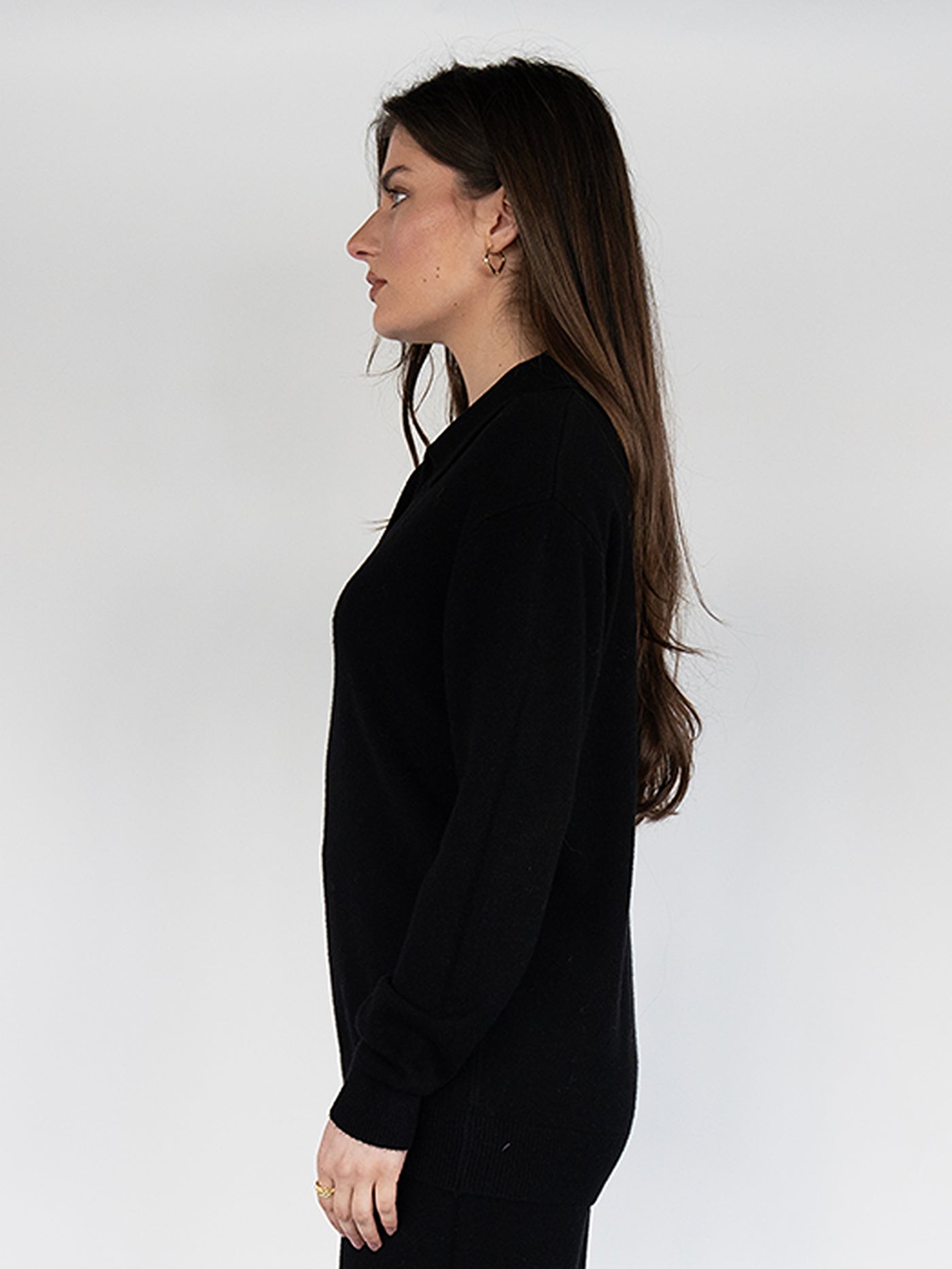 Women  Sweater  in Black , Casual long Sleeve Polo V Neck