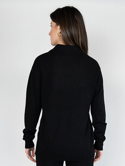 Women  Sweater  in Black , Casual long Sleeve Polo V Neck