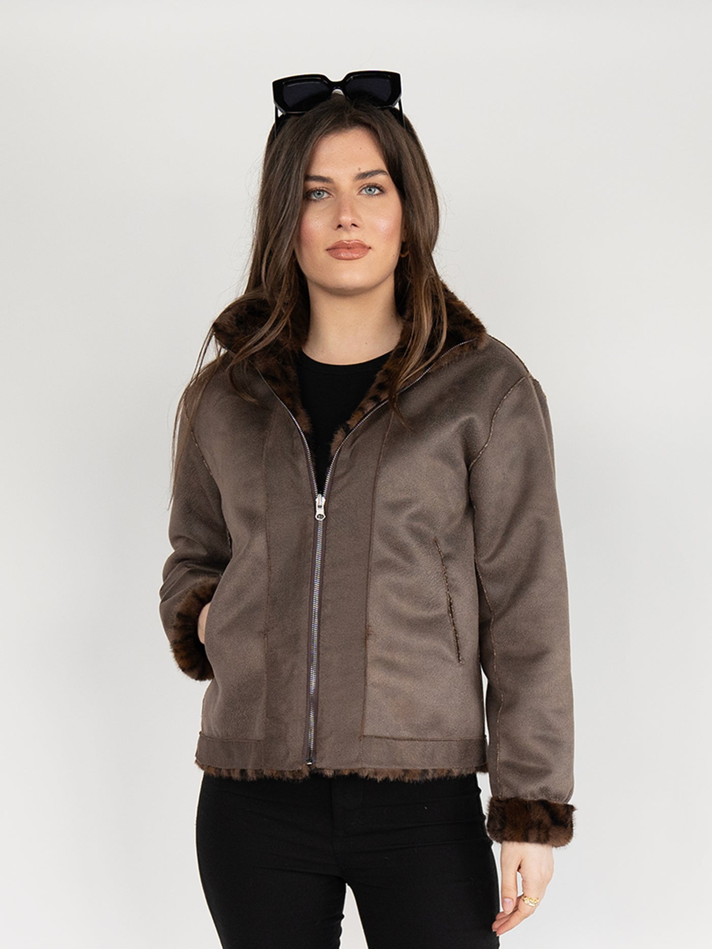 Reversible Faux Fur Coat in Brown Leopard print