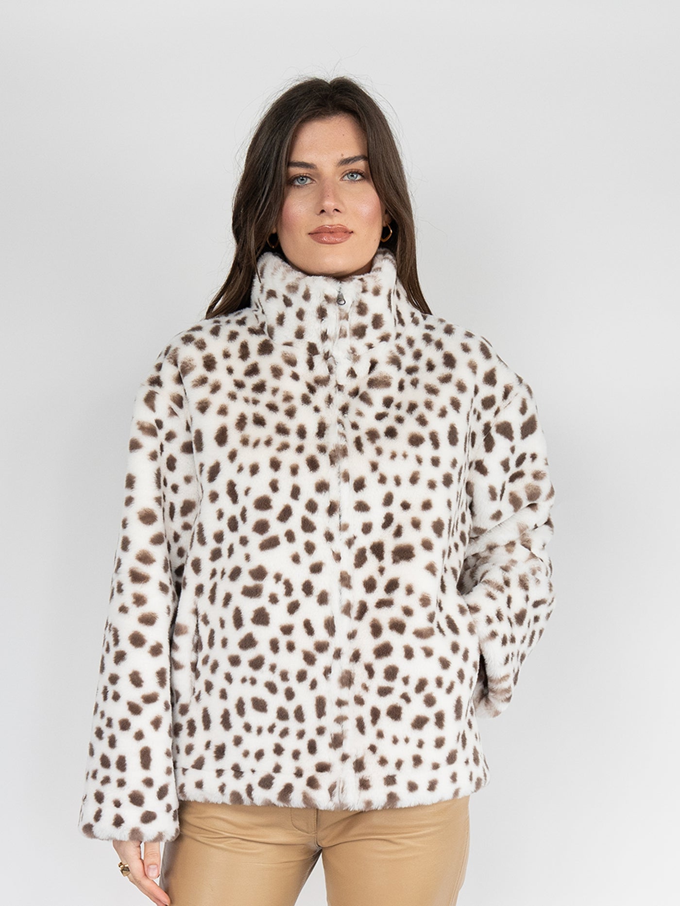 Reversible Faux Fur Coat in Cream  Leopard print