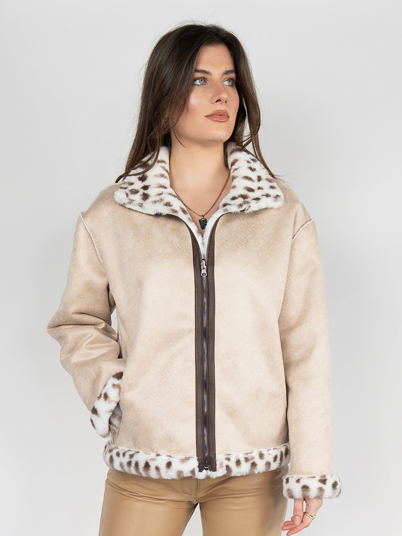 Reversible Faux Fur Coat in Cream  Leopard print