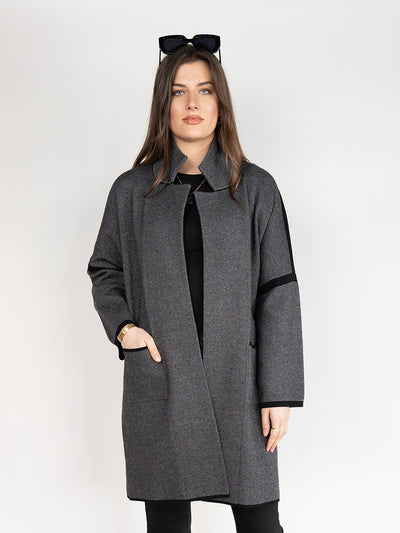 Women Sweater Long Jacket in Heathered Grey & Black, Open Front with Lapel Collar