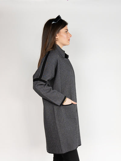Women Sweater Long Jacket in Heathered Grey & Black, Open Front with Lapel Collar