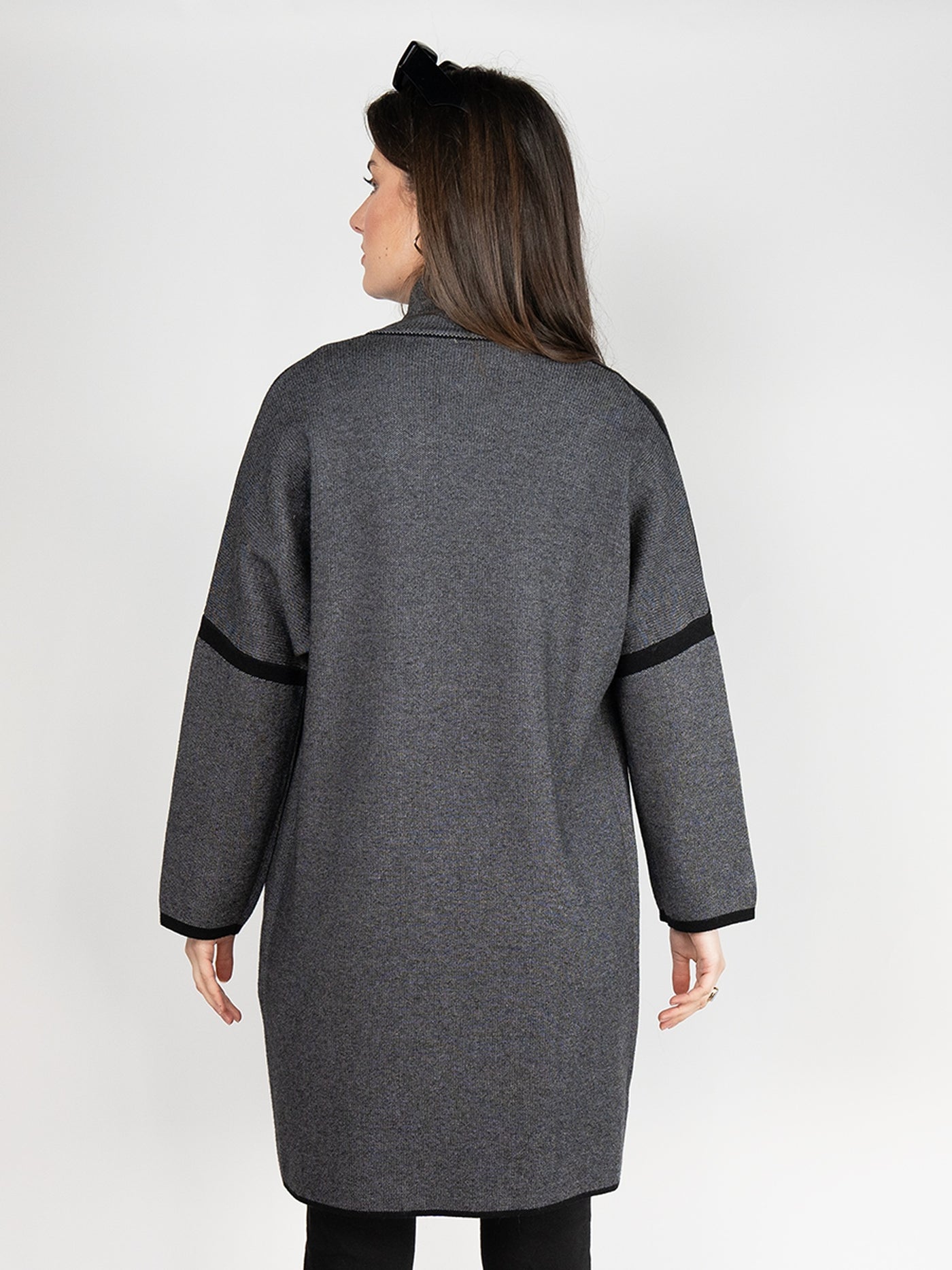 Women Sweater Long Jacket in Heathered Grey & Black, Open Front with Lapel Collar
