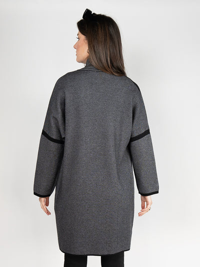 Women Sweater Long Jacket in Heathered Grey & Black, Open Front with Lapel Collar