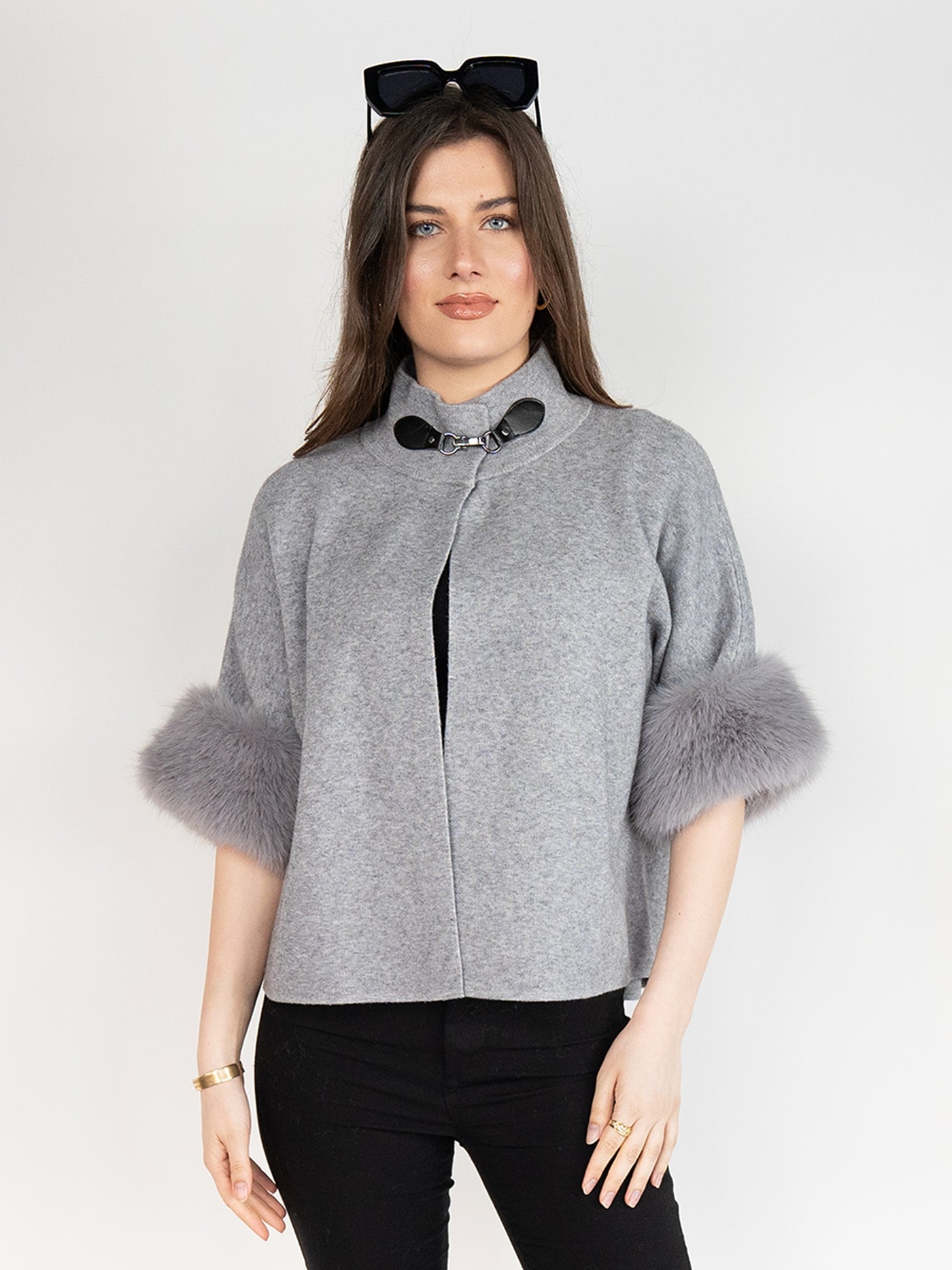 Women Short Sweater  Coat in Light Grey , Open Front with Stand Collar