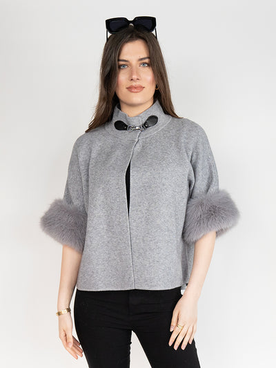 Women Short Sweater  Coat in Light Grey , Open Front with Stand Collar