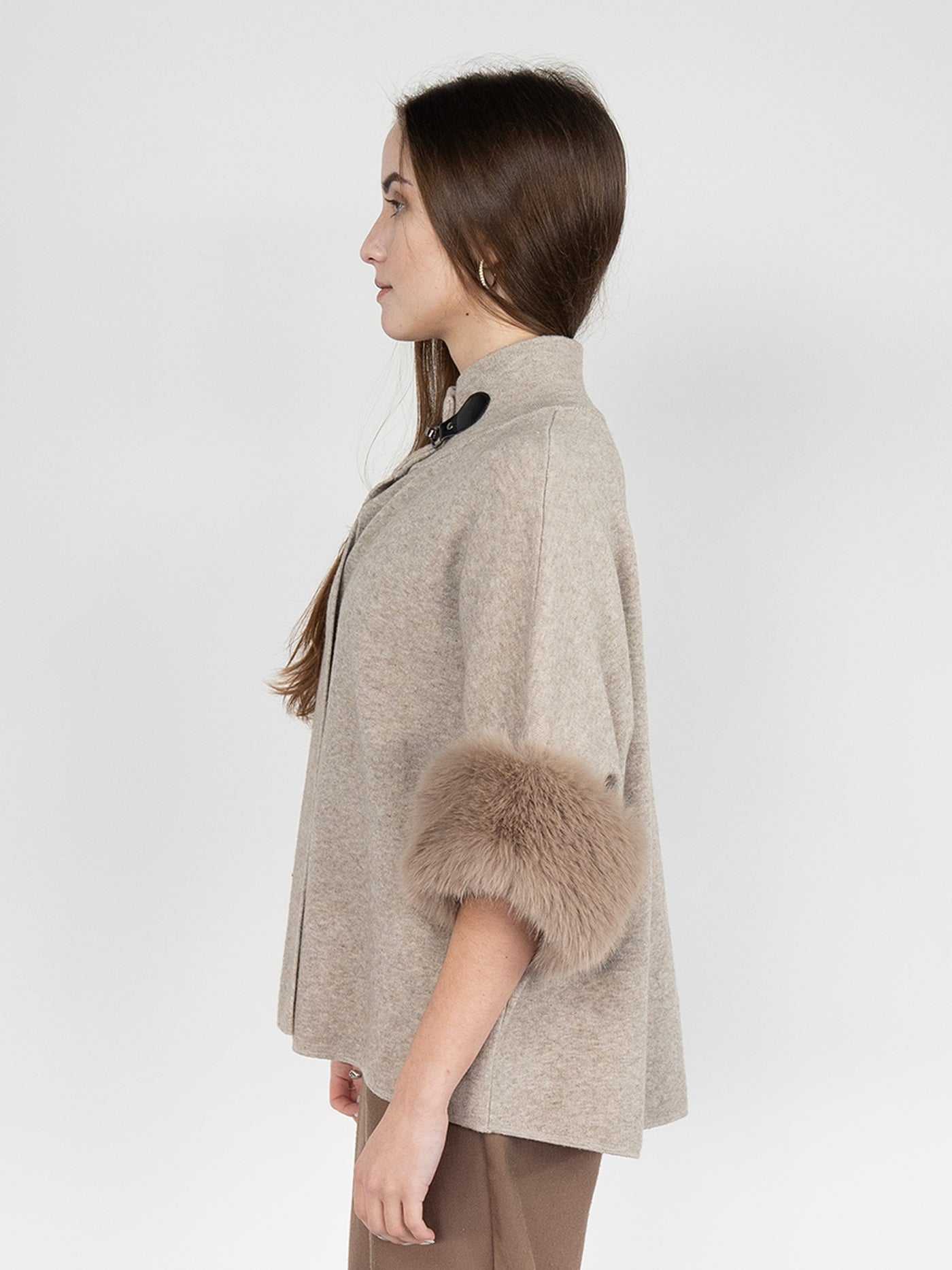 Women Short Sweater  Coat in  Fawn , Open Front with Stand Collar