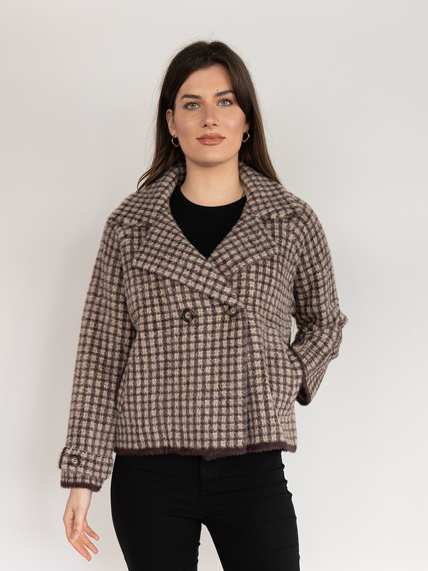 Short Jacket  in Camel & Brown with Plaid Print