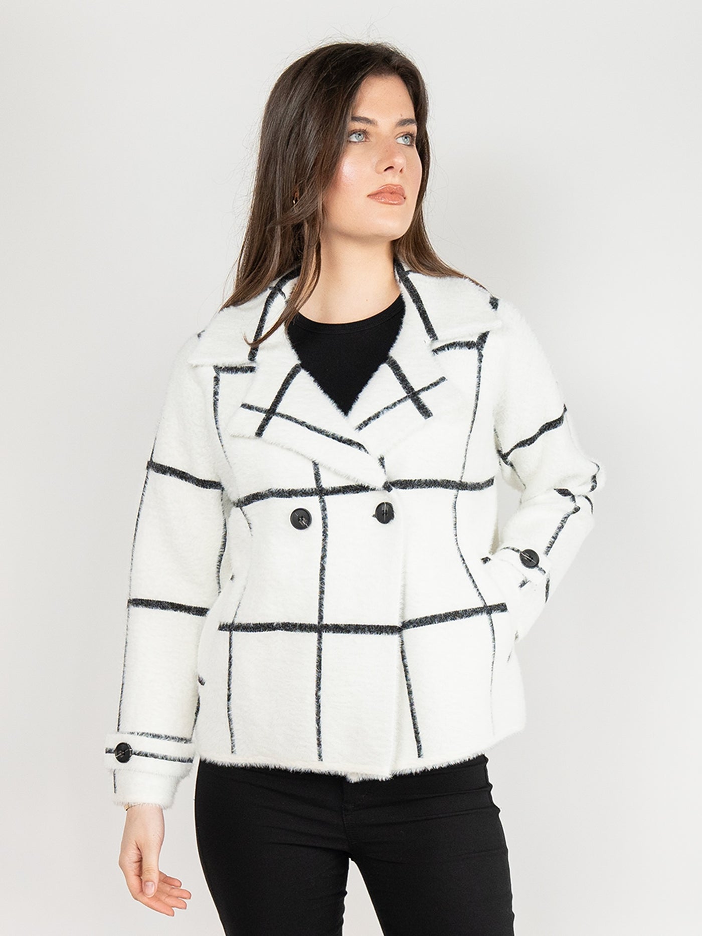 Short Jacket  in White & Black Plaid Print