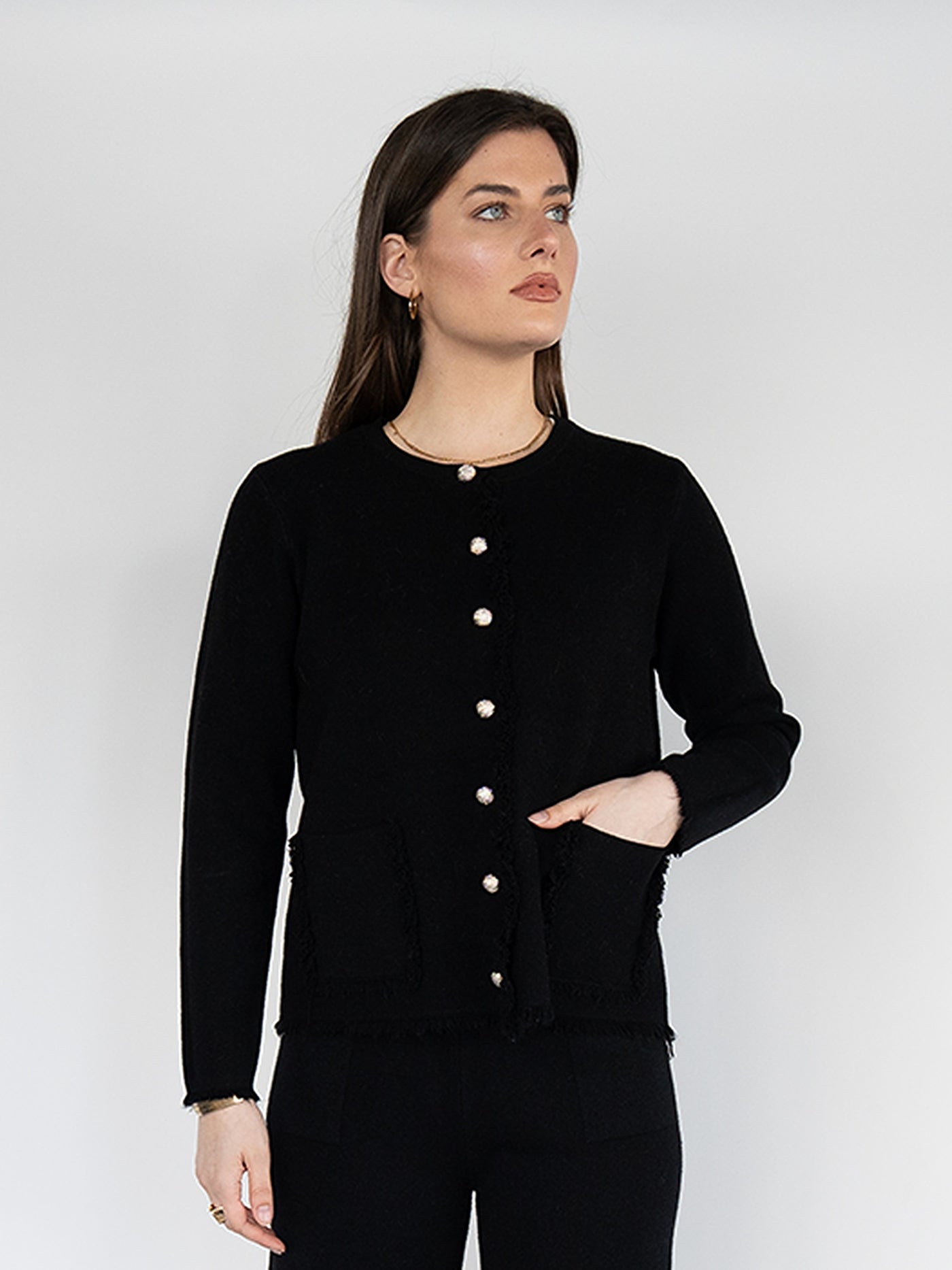 Women Short Sweater  Jacket  in Black , Buttons Down Fringes Tassel and Crew Neck