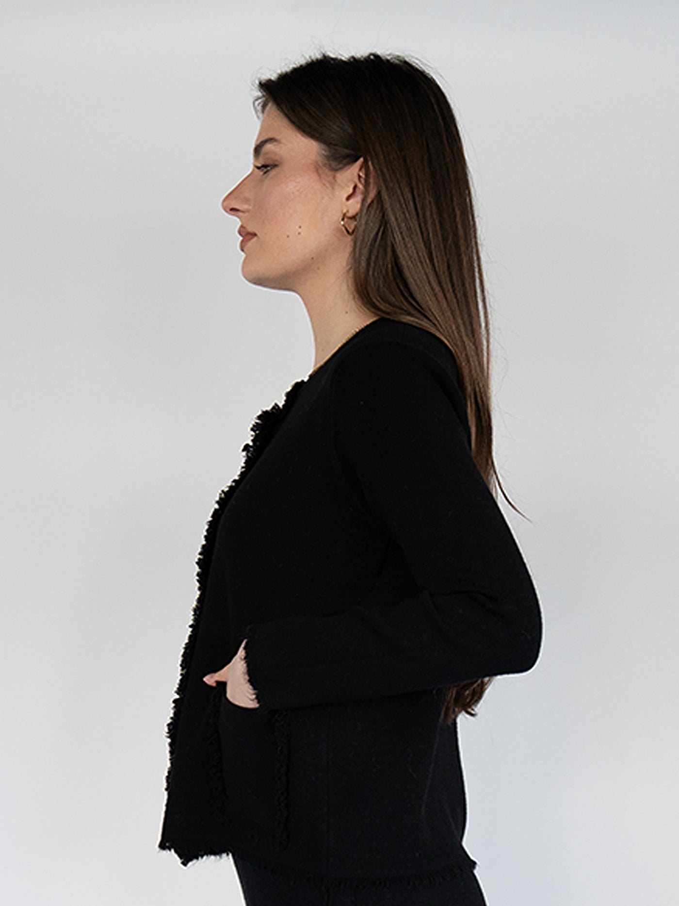 Women Short Sweater  Jacket  in Black , Buttons Down Fringes Tassel and Crew Neck