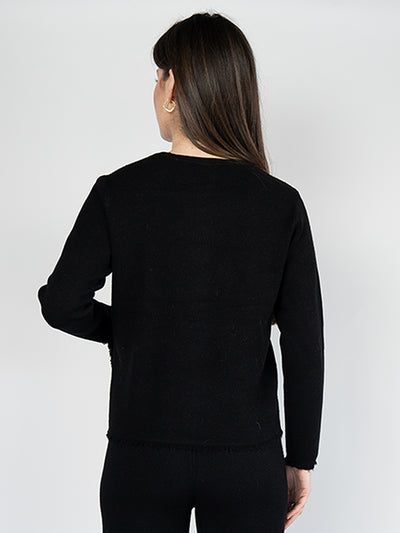 Women Short Sweater  Jacket  in Black , Buttons Down Fringes Tassel and Crew Neck