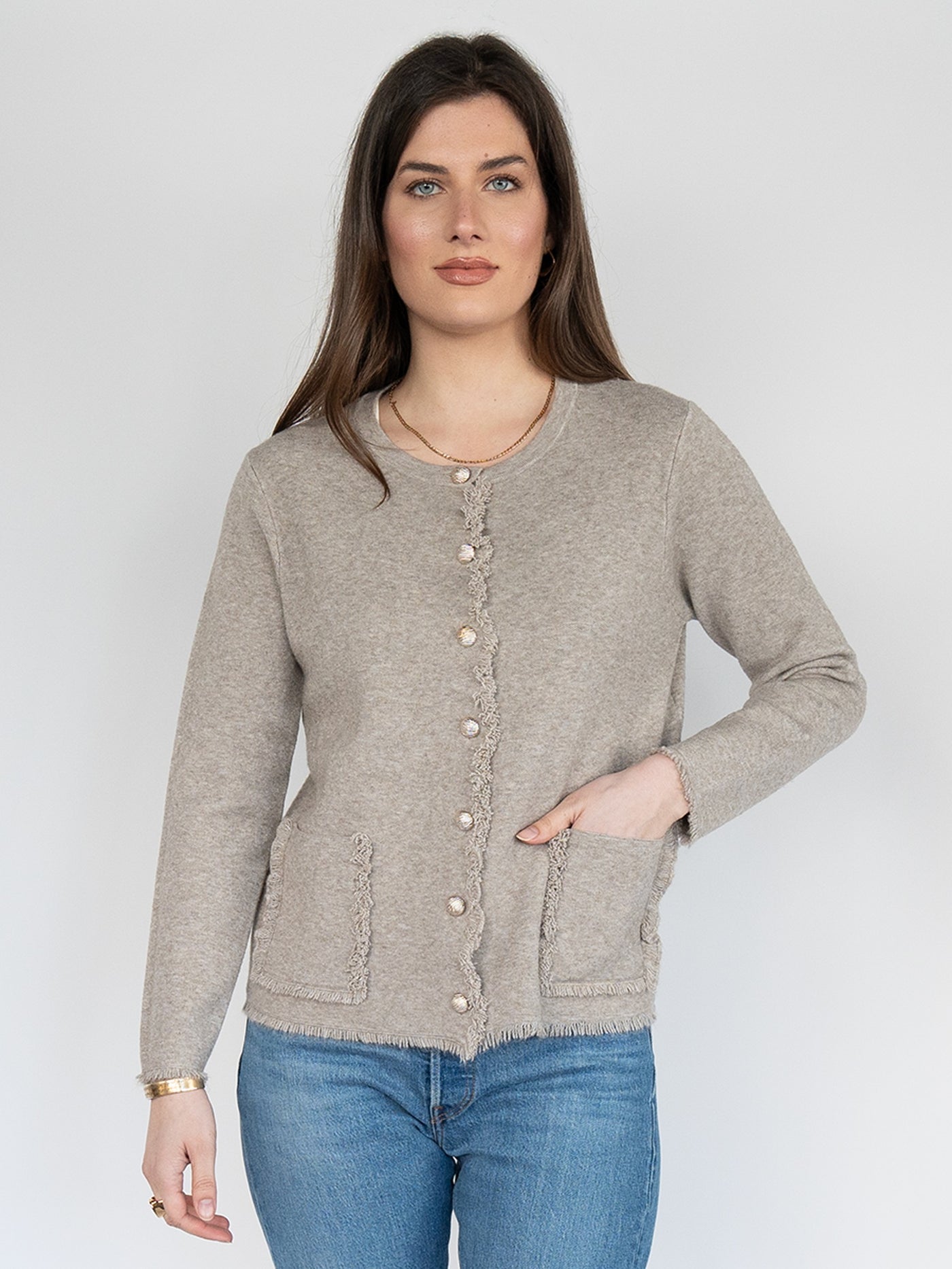 Women Short Sweater  Jacket  in Fawn , Buttons Down Fringes Tassel and Crew Neck (Copy)