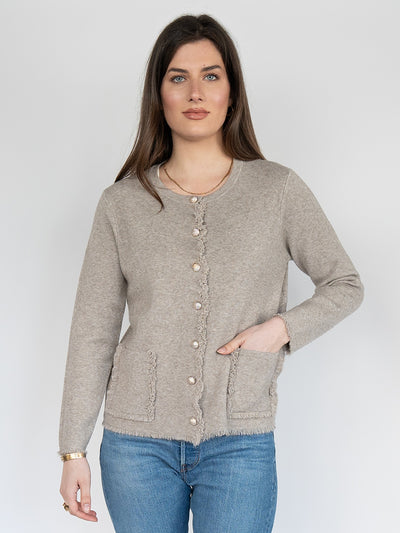 Women Short Sweater  Jacket  in Fawn , Buttons Down Fringes Tassel and Crew Neck (Copy)