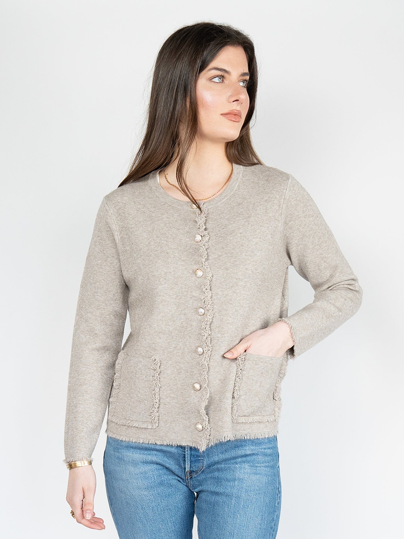Women Short Sweater  Jacket  in Fawn , Buttons Down Fringes Tassel and Crew Neck (Copy)