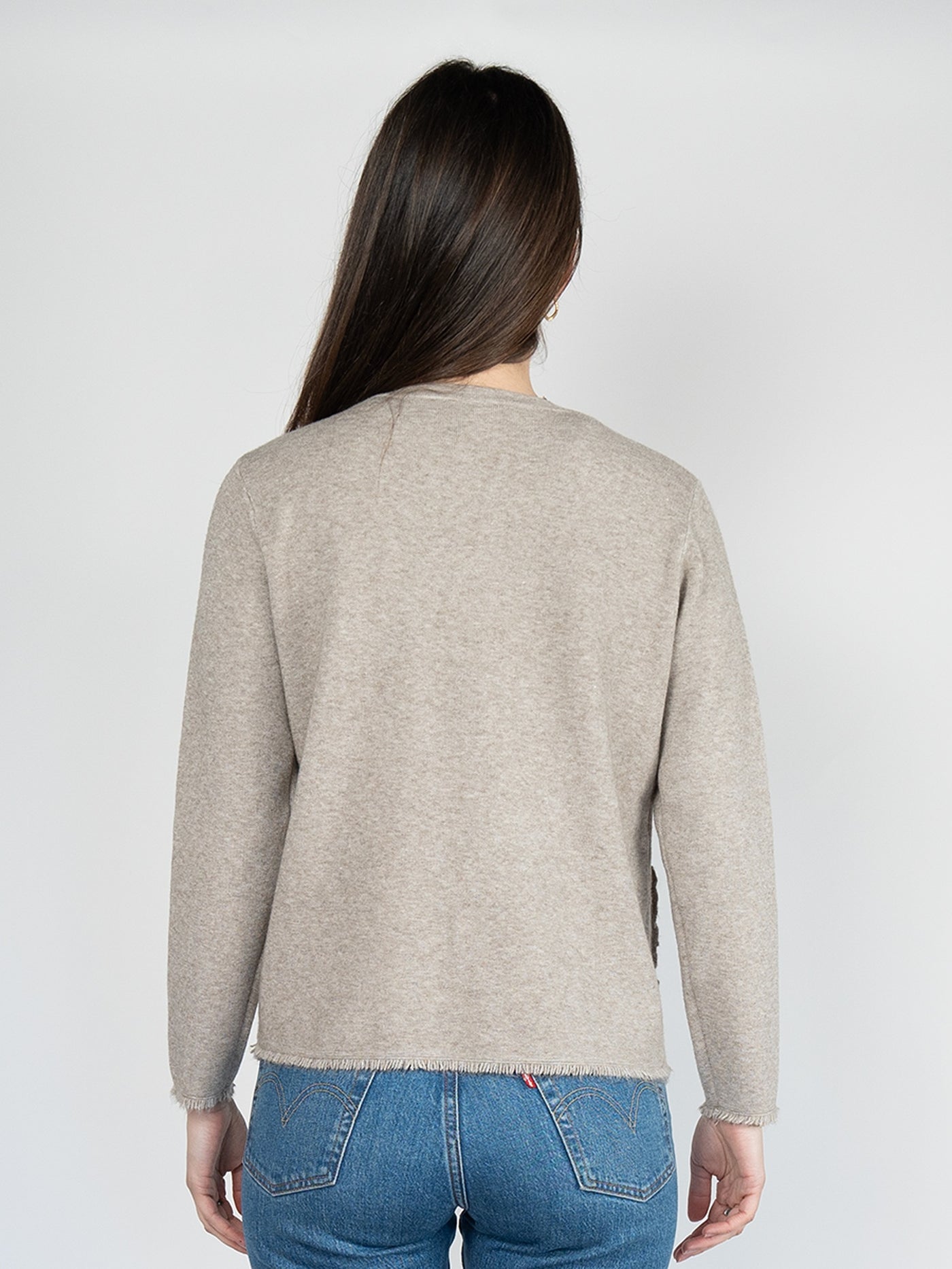 Women Short Sweater  Jacket  in Fawn , Buttons Down Fringes Tassel and Crew Neck (Copy)