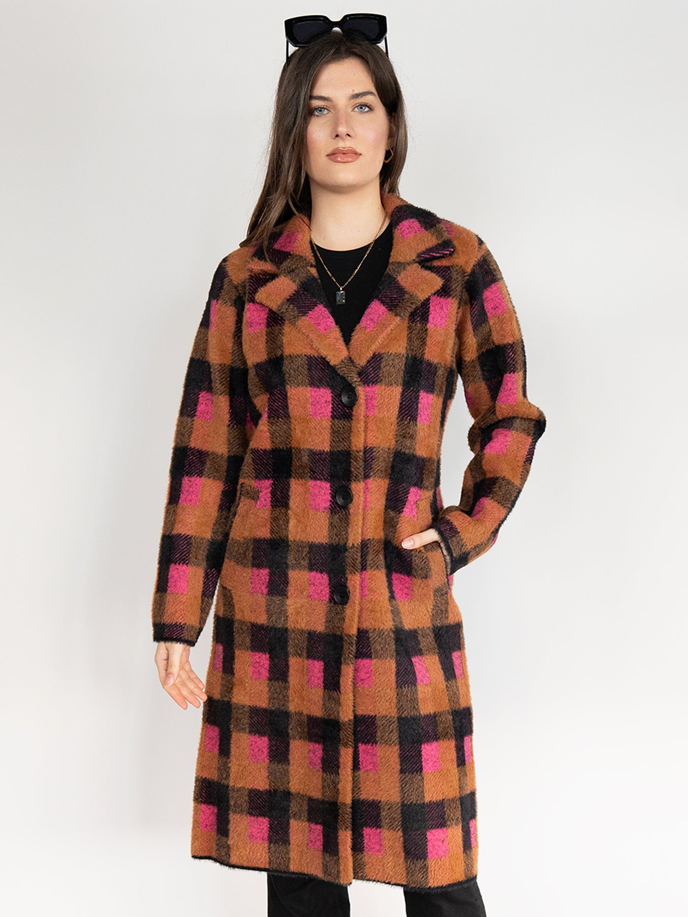 Long Coat  in Brown and Pink Black Plaid Print