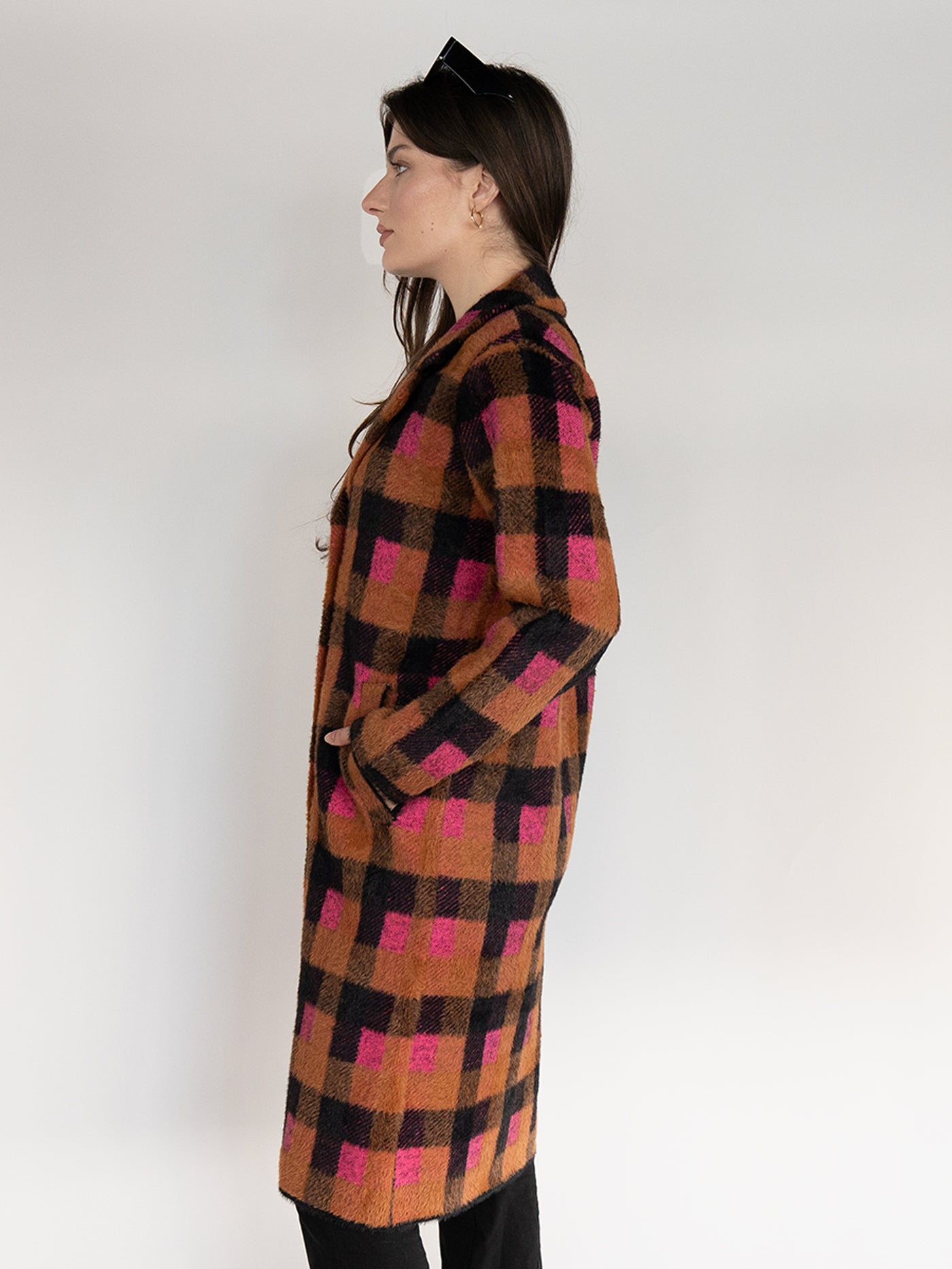 Long Coat  in Brown and Pink Black Plaid Print