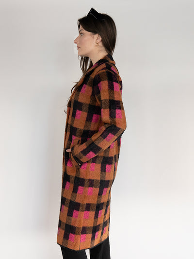 Long Coat  in Brown and Pink Black Plaid Print