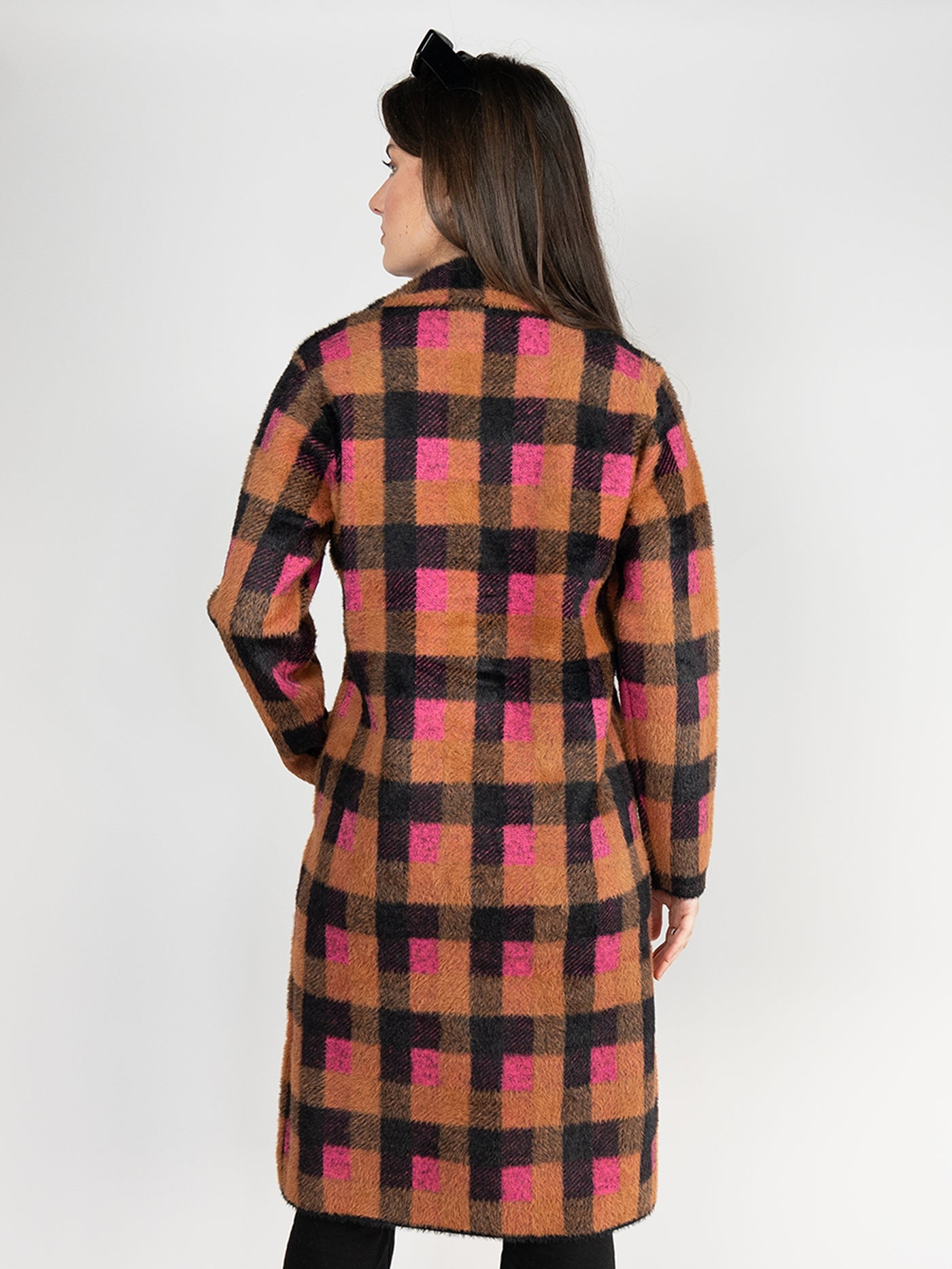 Long Coat  in Brown and Pink Black Plaid Print