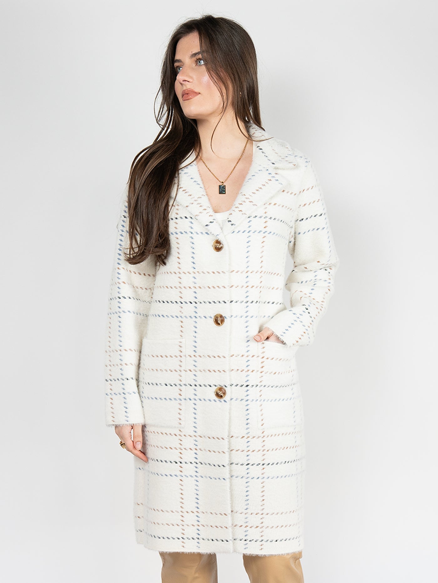 Long Coat  in Cream with Plaid Print