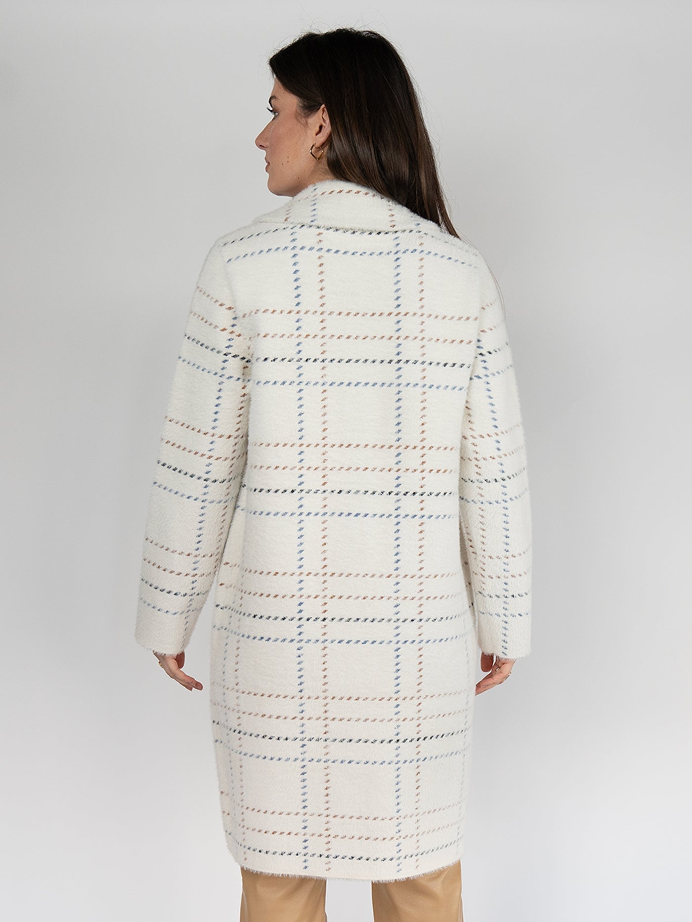 Long Coat  in Cream with Plaid Print