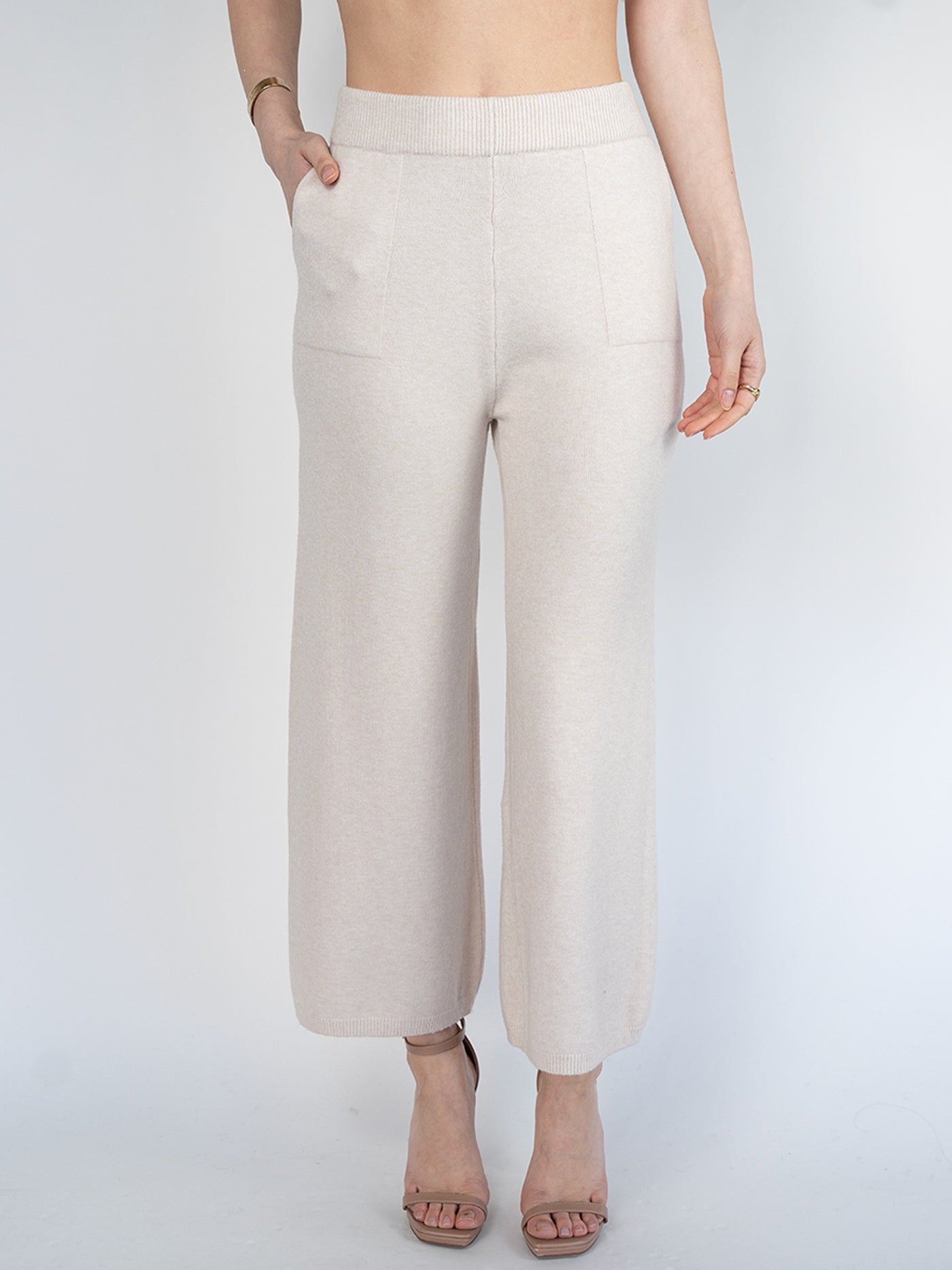 Women Knit  Casual Wide Leg Pants in Beige