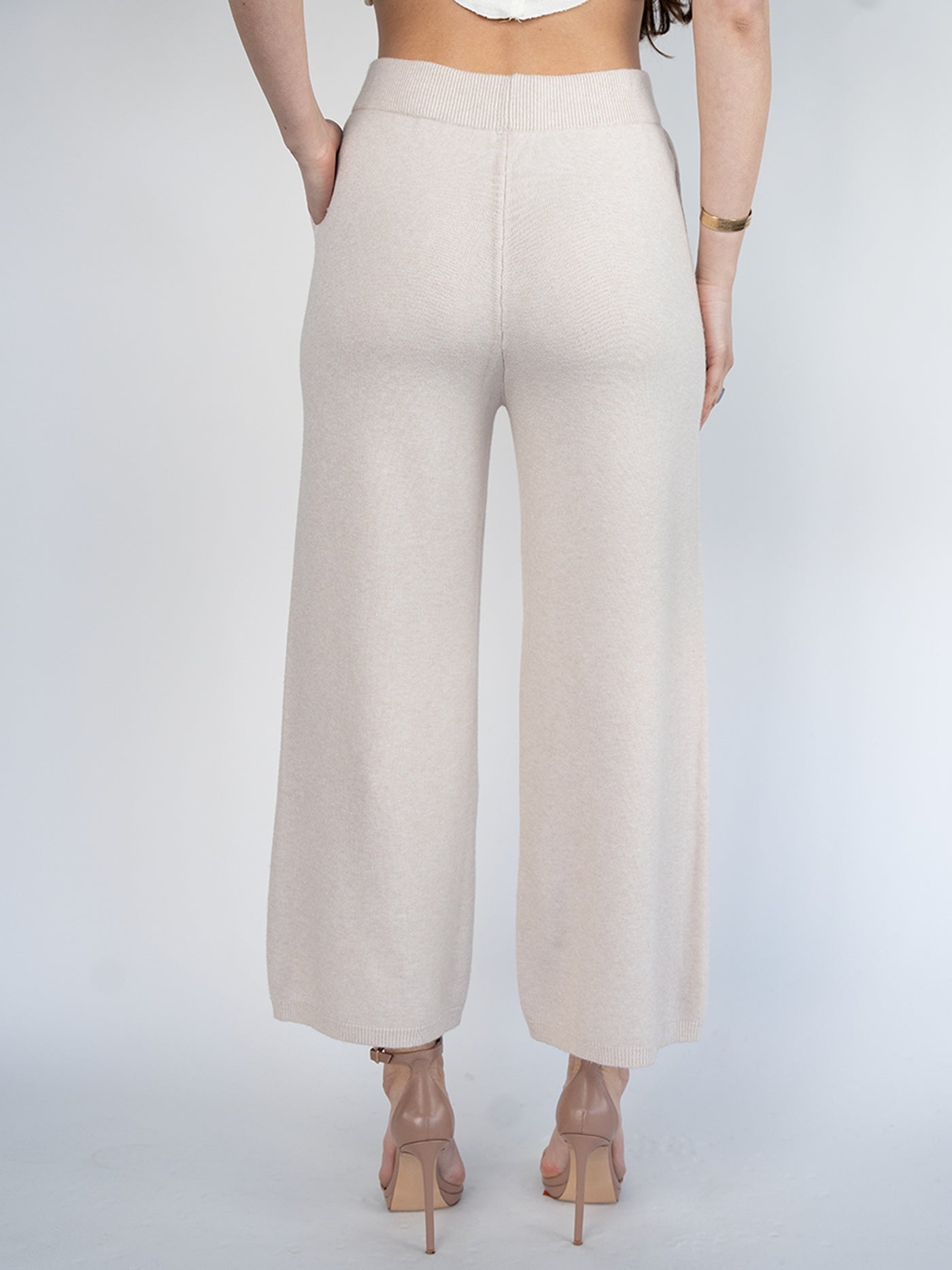Women Knit  Casual Wide Leg Pants in Beige