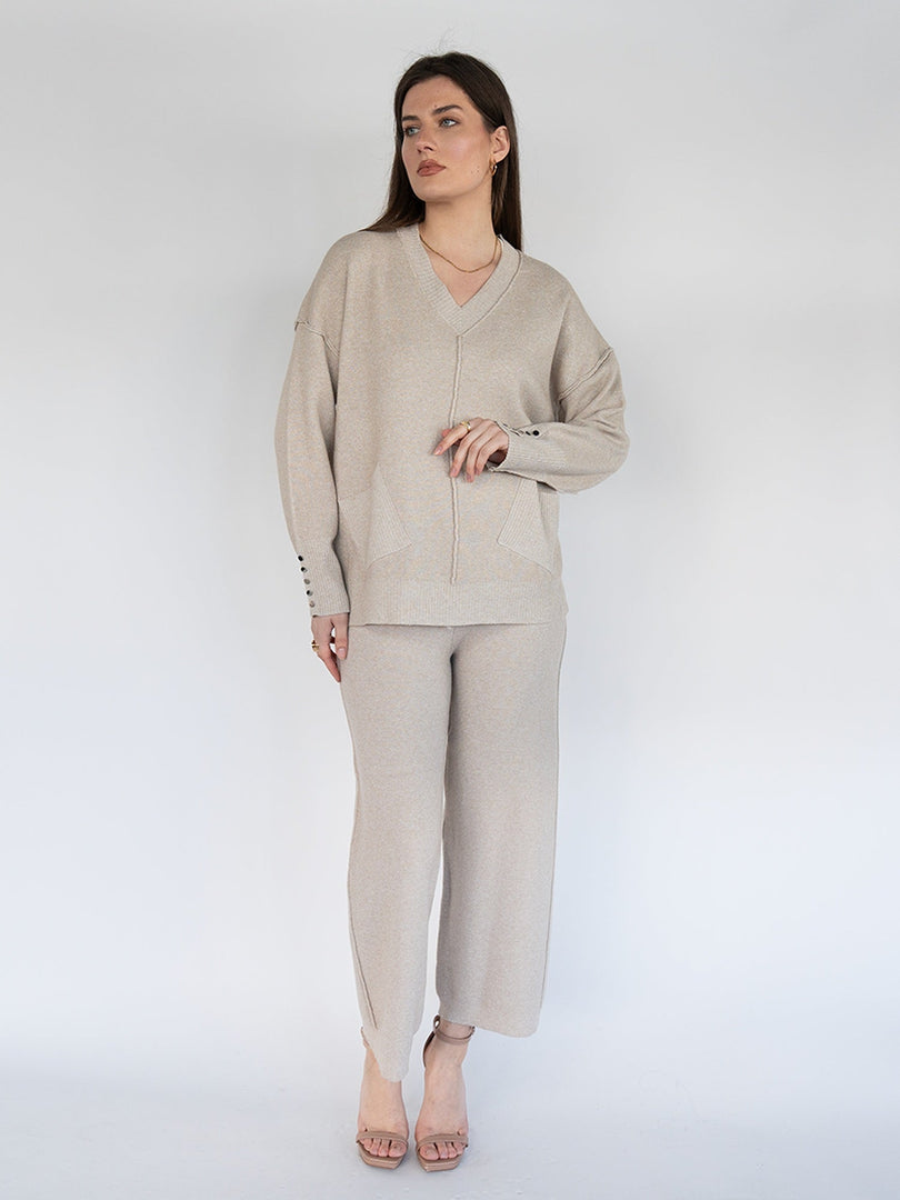 Women Knit  Casual Wide Leg Pants Set in Heathered Beige with Silver Thread ( Two Pcs) Set)