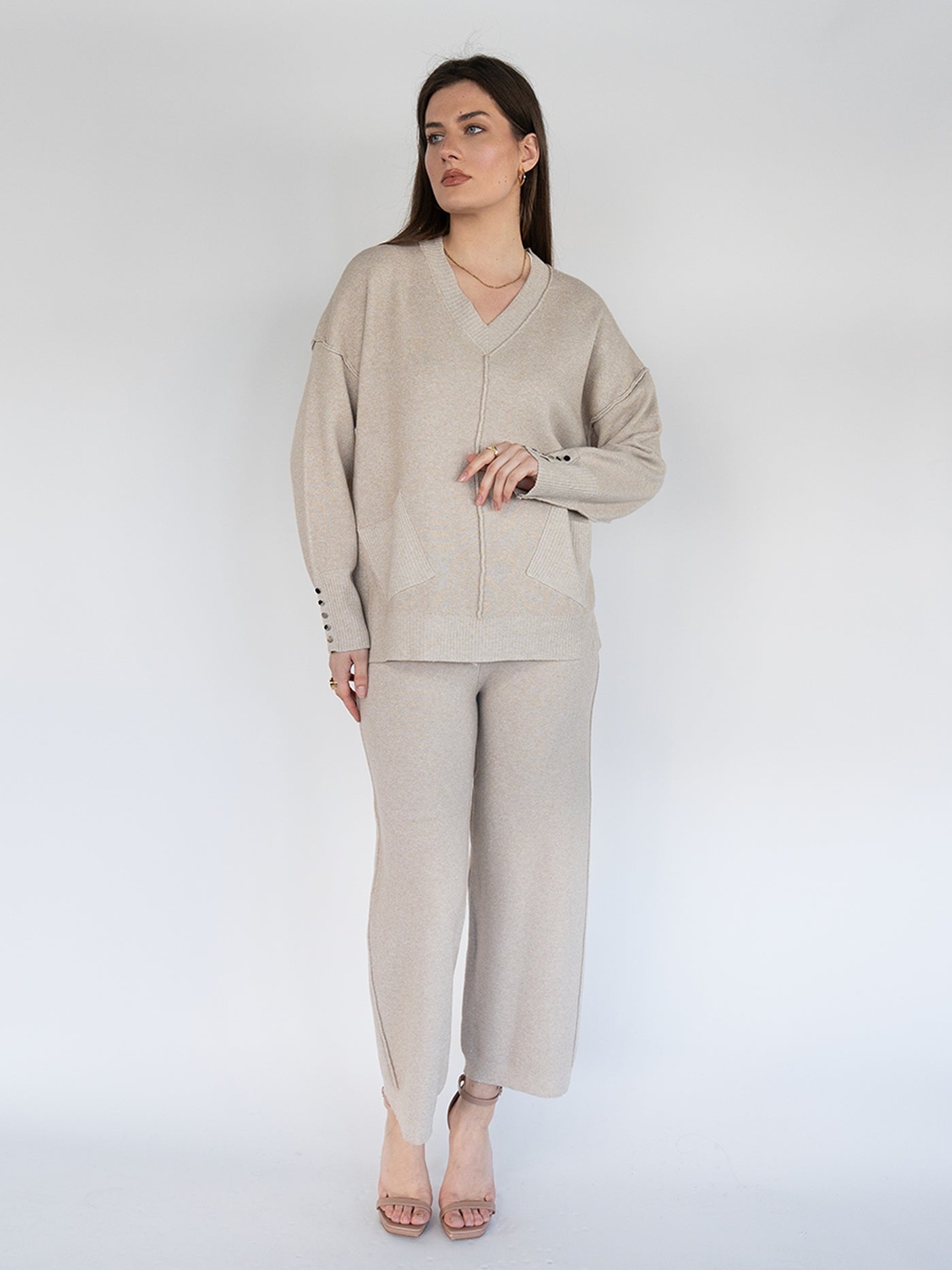 Women Knit  Casual Wide Leg Pants Set in Heathered Beige with Silver Thread ( Two Pcs) Set)