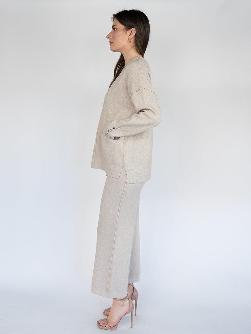 Women Knit  Casual Wide Leg Pants Set in Heathered Beige with Silver Thread ( Two Pcs) Set)