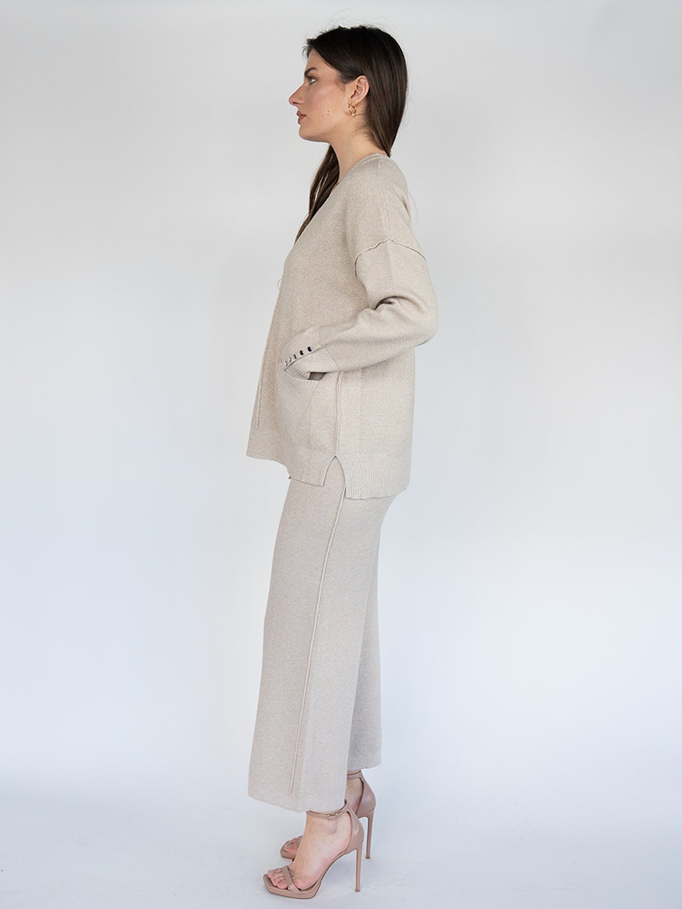 Women Knit  Casual Wide Leg Pants Set in Heathered Beige with Silver Thread ( Two Pcs) Set)