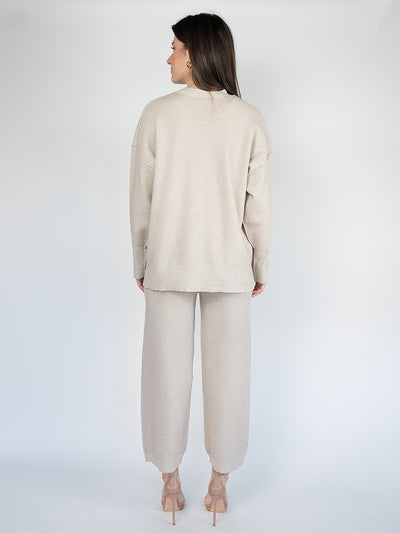 Women Knit  Casual Wide Leg Pants Set in Heathered Beige with Silver Thread ( Two Pcs) Set)