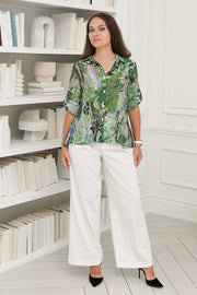 Women Casual  Blouse Long sleeves, Full Button in Green Floral Prints