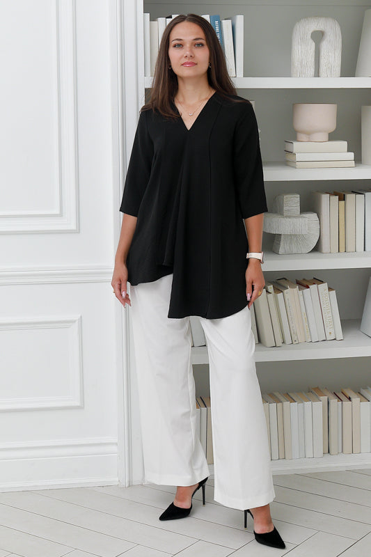 Women 3/4 sleeves V Neck Tunic in Black