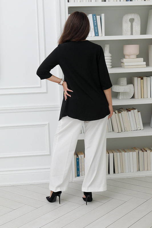 Women 3/4 sleeves V Neck Tunic in Black