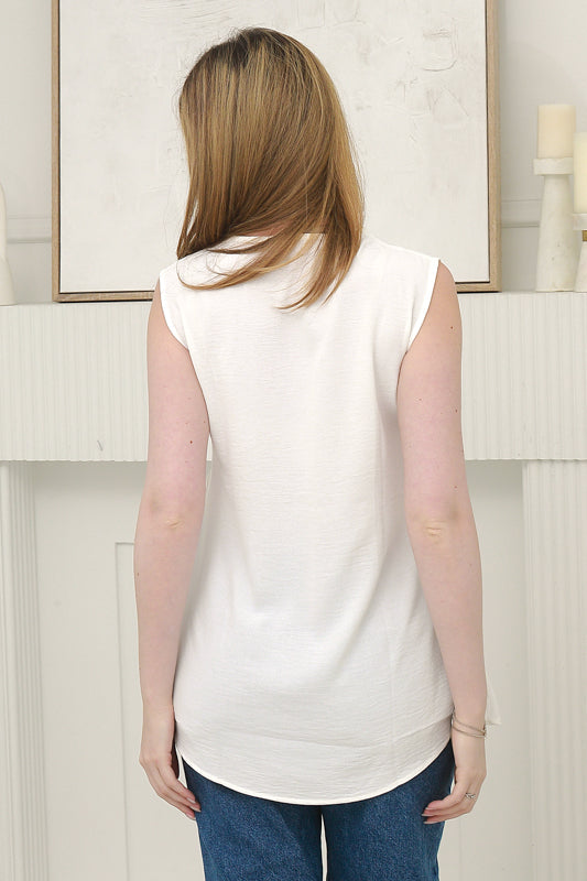 Women Sleeveless V Neck Tunic in White