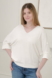 Women Short Sleeves  V- Neck Knitted Top in White