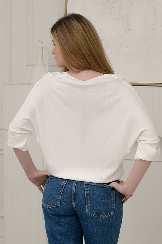 Women Short Sleeves  V- Neck Knitted Top in White