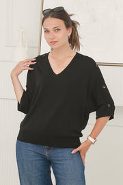 Women Short Sleeves  V- Neck Knitted Top in Black