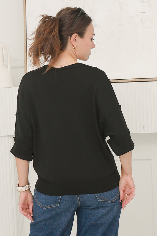 Women Short Sleeves  V- Neck Knitted Top in Black