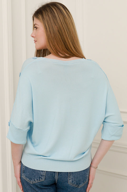 Women Short Sleeves  V- Neck Knitted Top in Blue